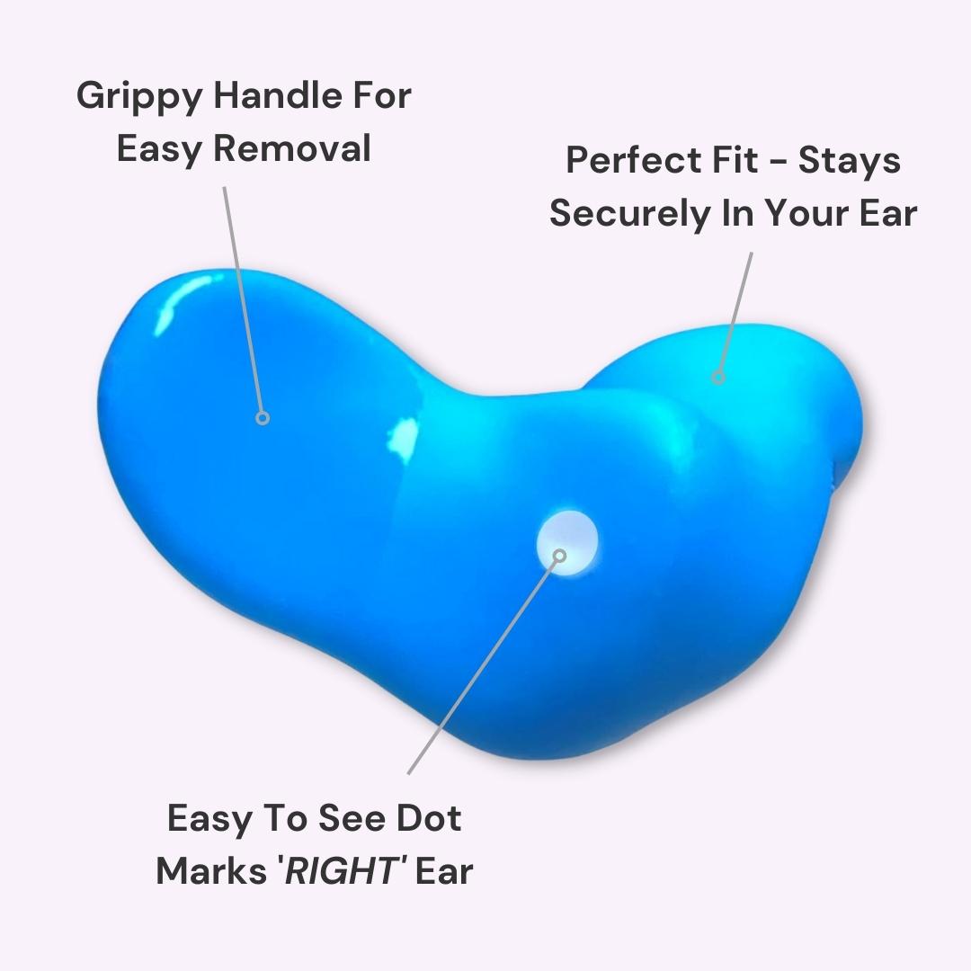 blue markup drifters custom sleep earplugs rev Zoomed in picture of a blue Drifter custom molded earplug for side sleeping